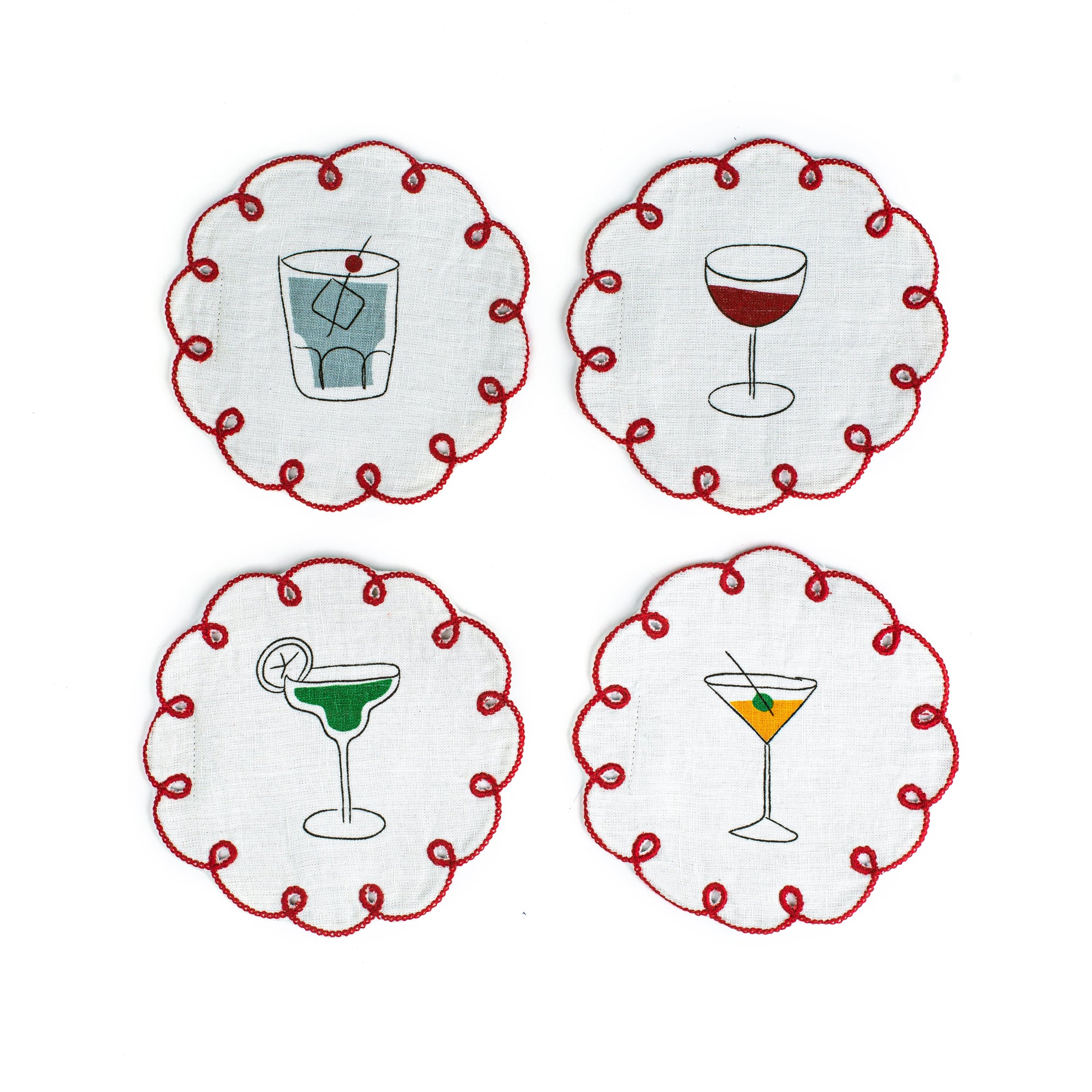 MISETTE Fête Embroidered Linen Coasters (Set of 4)
