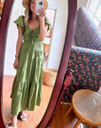 V-Neck Tiered Midi Dress, Olive
