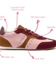 LARROUDE | Stella Sneaker In Tulip, Russet and Wine Suede and Silver Metallic Leather