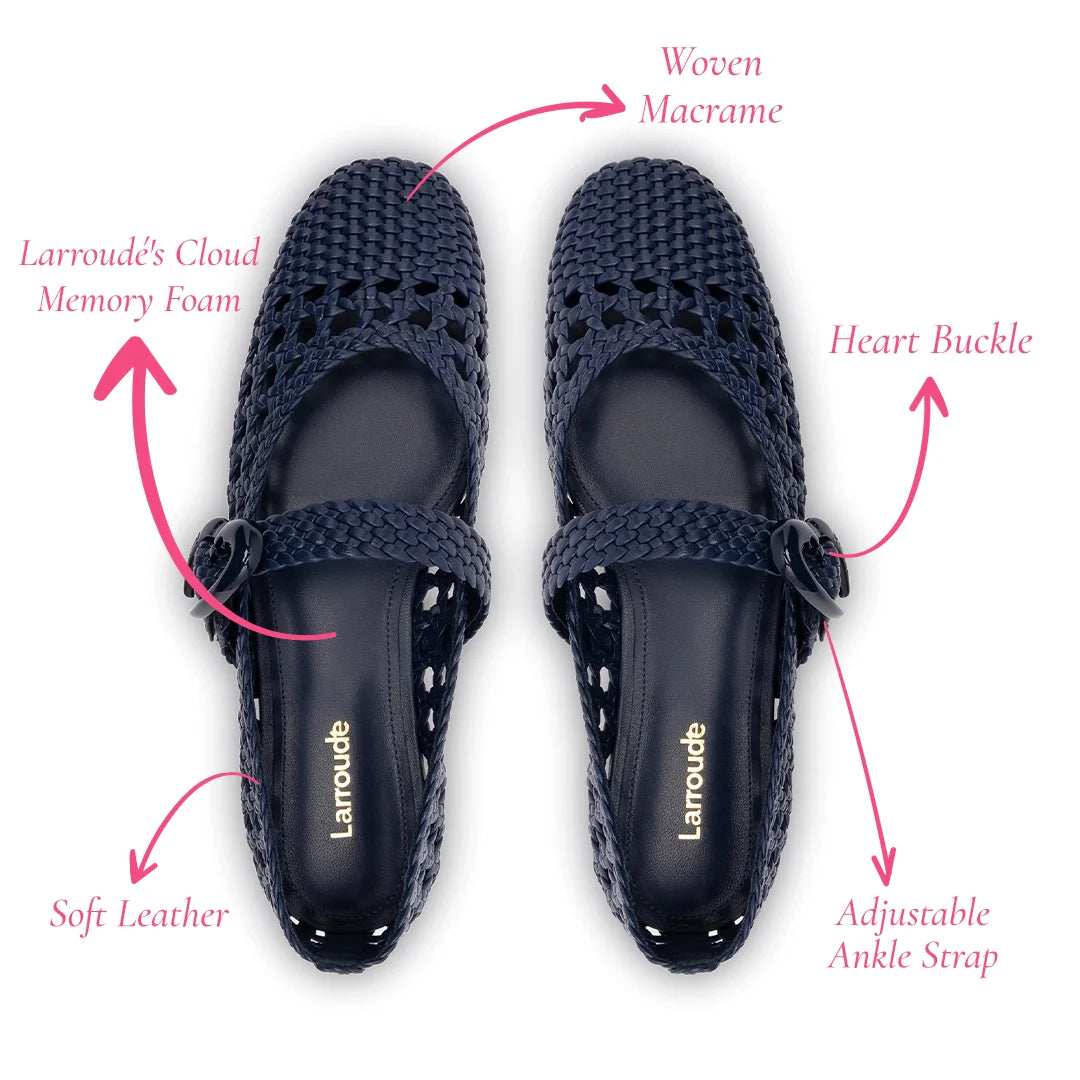 LARROUDE | Verona Macrame Ballet Flat In Navy Leather