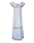 Off the Shoulder Dress, Sky Blue Linen with Red Ric Rac