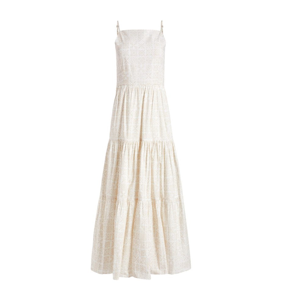 Tiered Dress, White with Beige Checkerboard