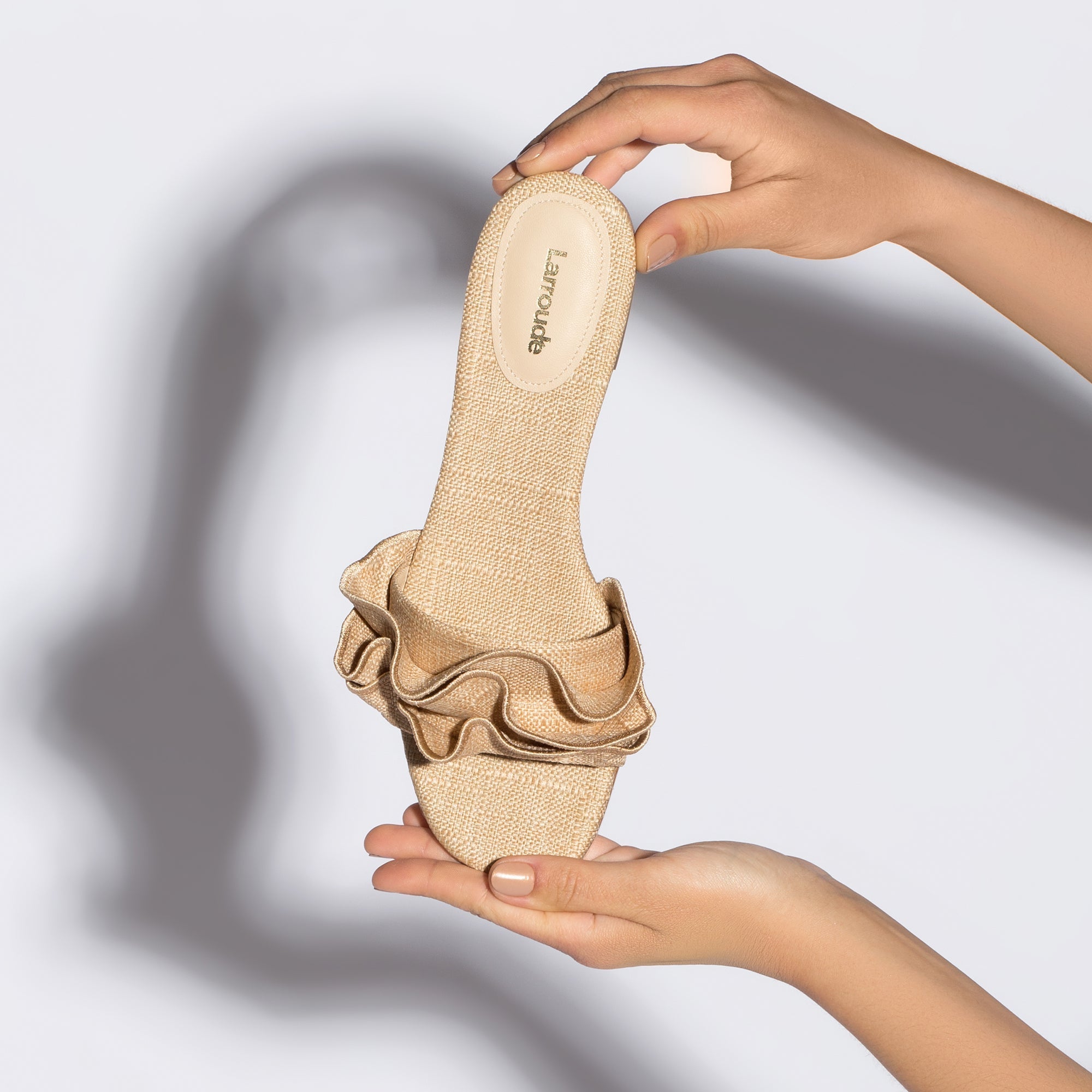 LARROUDE | Ivy Ruffle Flat Mule In Beige Raffia