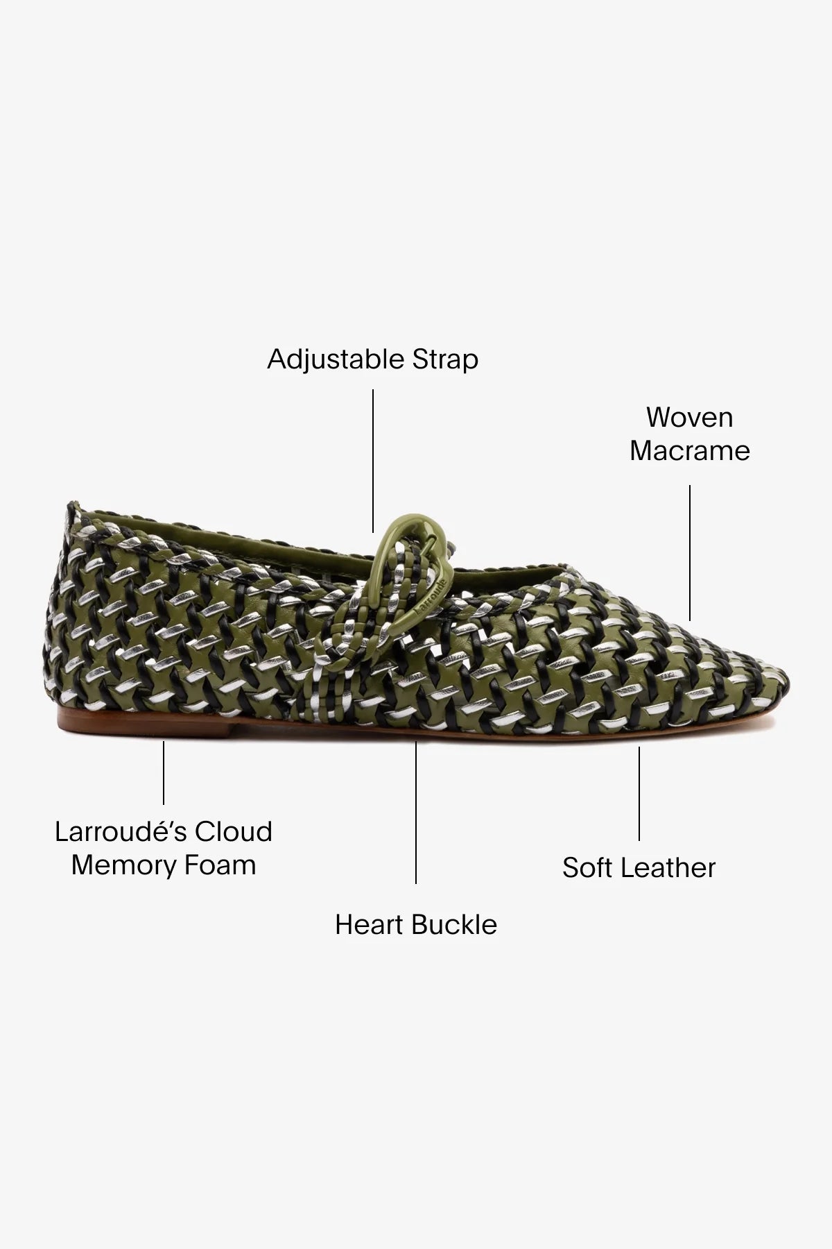 LARROUDE | LARROUDE | Verona Macrame Ballet Flat In Seaweed, Black and Silver Metallic Leather