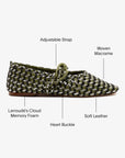 LARROUDE | LARROUDE | Verona Macrame Ballet Flat In Seaweed, Black and Silver Metallic Leather