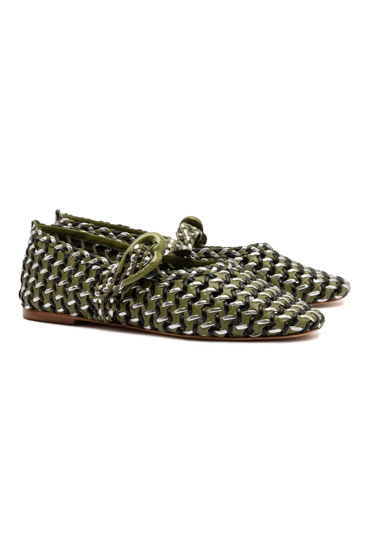 LARROUDE | LARROUDE | Verona Macrame Ballet Flat In Seaweed, Black and Silver Metallic Leather