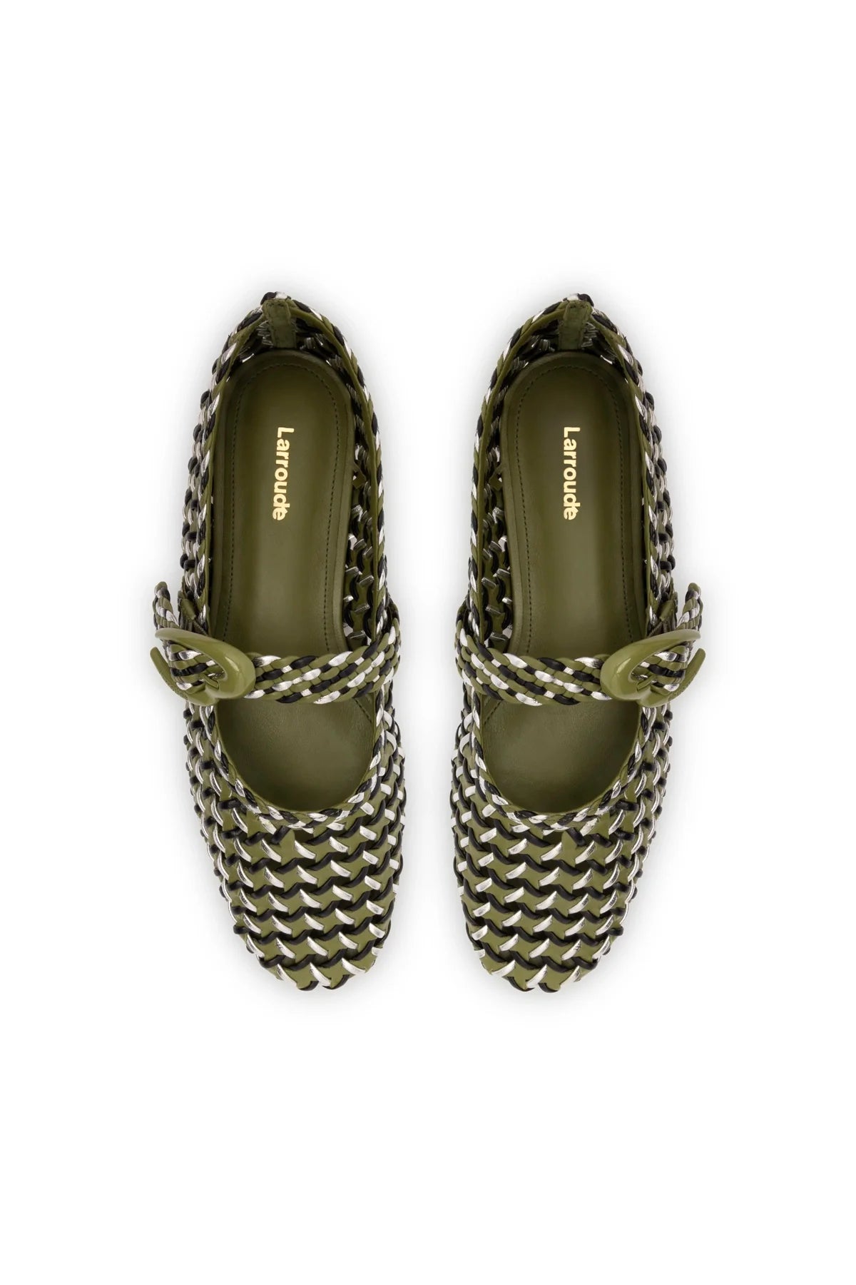 LARROUDE | LARROUDE | Verona Macrame Ballet Flat In Seaweed, Black and Silver Metallic Leather