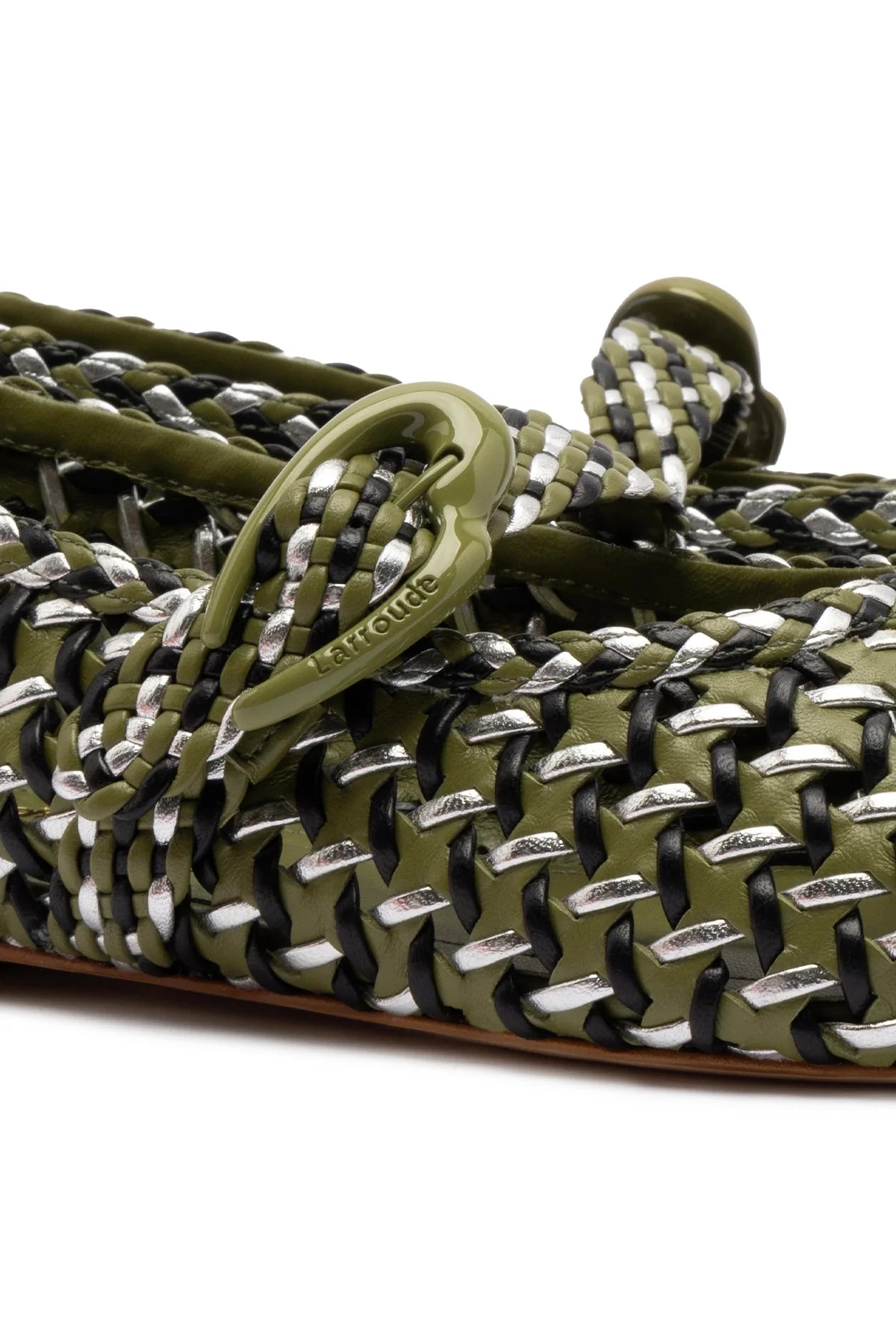 LARROUDE | LARROUDE | Verona Macrame Ballet Flat In Seaweed, Black and Silver Metallic Leather