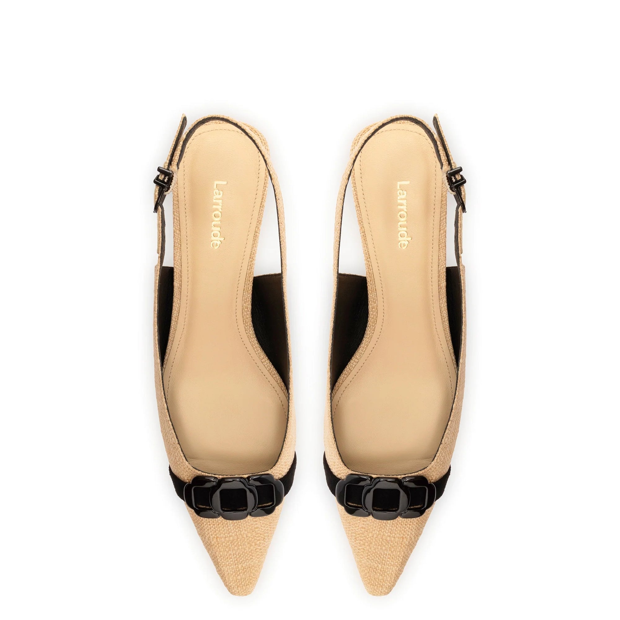 LARROUDE | Franca Pump In Beige Raffia and Black Trimming