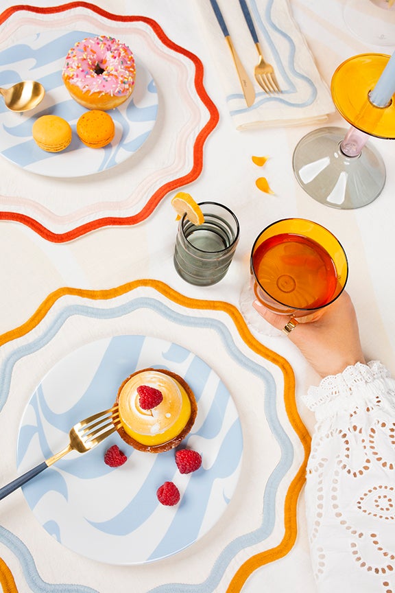 MISETTE Colorblock Embroidered Linen Placemats in Blue/Amber (Set of 4)
