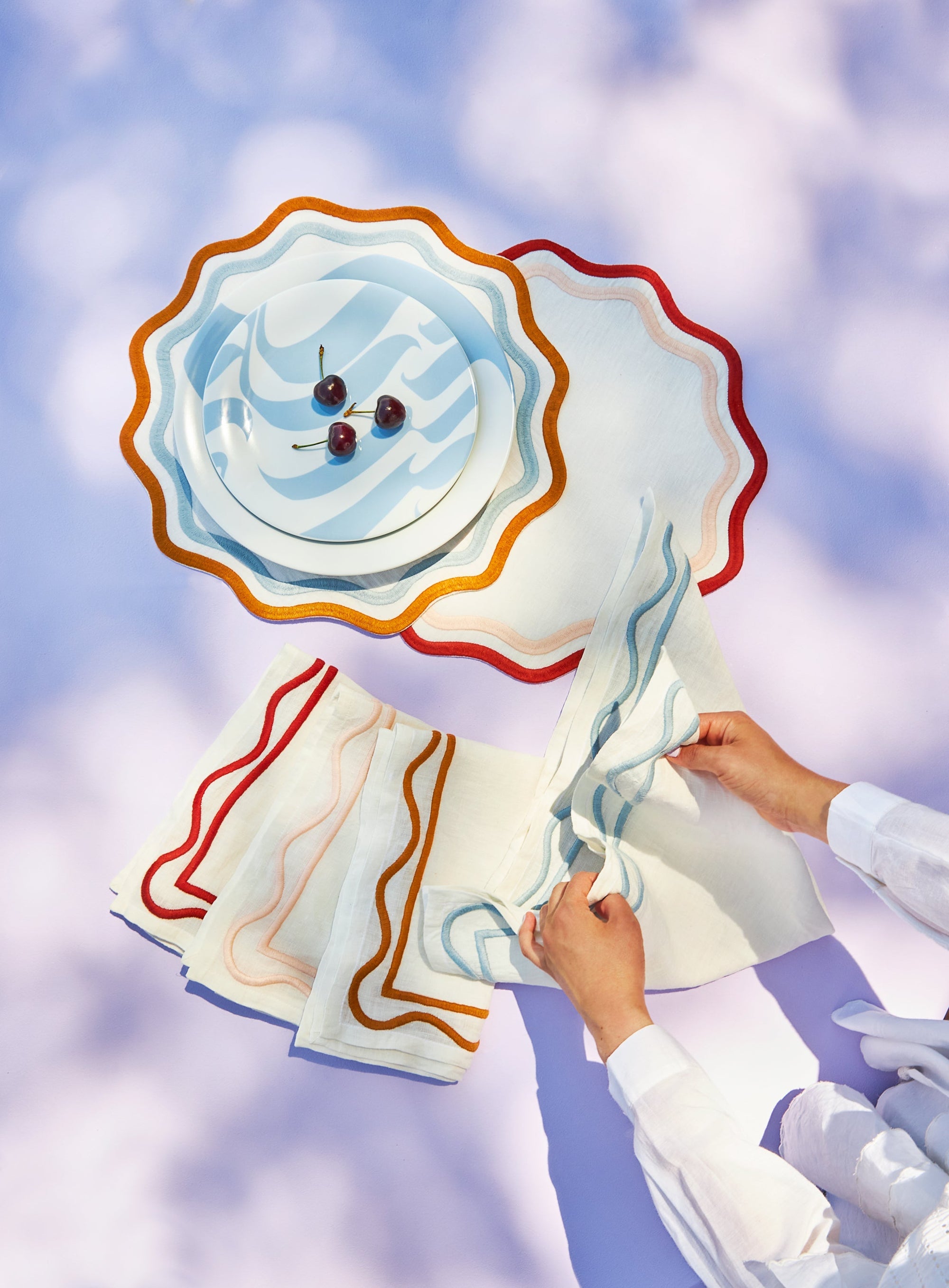 MISETTE Colorblock Embroidered Linen Placemats in Blue/Amber (Set of 4)