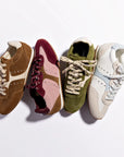 LARROUDE | Stella Sneaker In Tulip, Russet and Wine Suede and Silver Metallic Leather