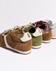 LARROUDE | Stella Sneaker In Tulip, Russet and Wine Suede and Silver Metallic Leather