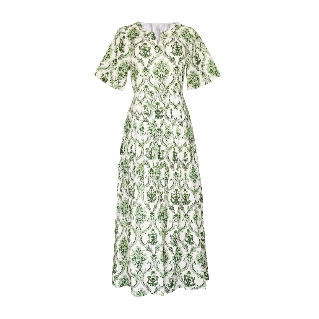 Pleated Midi Dress, Green and Ivory Trellis Print