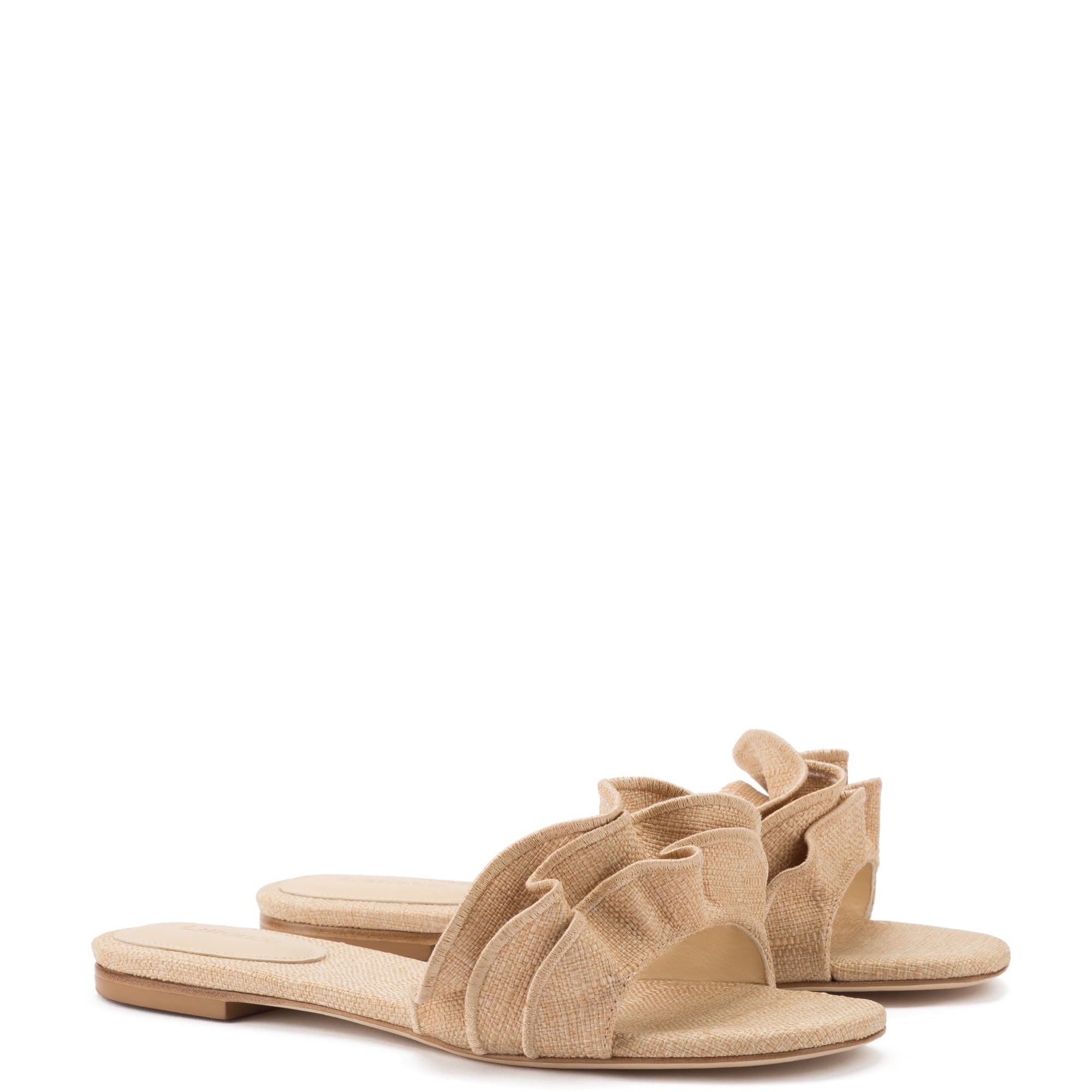 LARROUDE | Ivy Ruffle Flat Mule In Beige Raffia