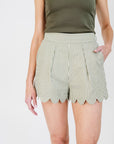 MASON'S DAUGHTER Belted Scallop Shorts, Seersucker Olive & Ivory