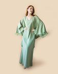 MASON by MASON'S DAUGHTER Lauren Caftan, Sage Green Satin Back Crepe with Tonal Feathers