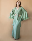 MASON by MASON'S DAUGHTER Lauren Caftan, Sage Green Satin Back Crepe with Tonal Feathers