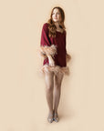 MASON by MASON'S DAUGHTER Lauren Mini Caftan, Oxblood Satin Back Crepe with Blush Feathers