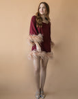 MASON by MASON'S DAUGHTER Lauren Mini Caftan, Oxblood Satin Back Crepe with Blush Feathers