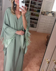 MASON by MASON'S DAUGHTER Lauren Caftan, Sage Green Satin Back Crepe with Tonal Feathers