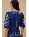 FARM RIO Embroidered Short Sleeve Cut-Out Midi Dress, Navy Blue