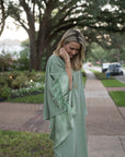 MASON by MASON'S DAUGHTER Lauren Caftan, Sage Green Satin Back Crepe with Tonal Feathers