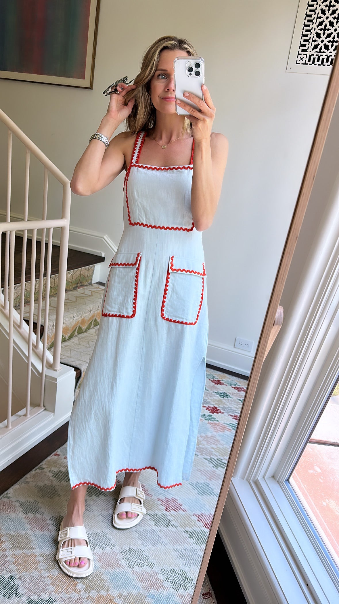 Apron Dress, Sky Blue Linen with Red Ric Rac