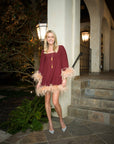 Lauren Mini Caftan, Oxblood Satin Back Crepe with Blush Feathers