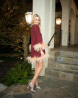 Lauren Mini Caftan, Oxblood Satin Back Crepe with Blush Feathers