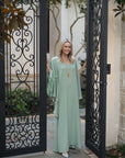 MASON by MASON'S DAUGHTER Lauren Caftan, Sage Green Satin Back Crepe with Tonal Feathers