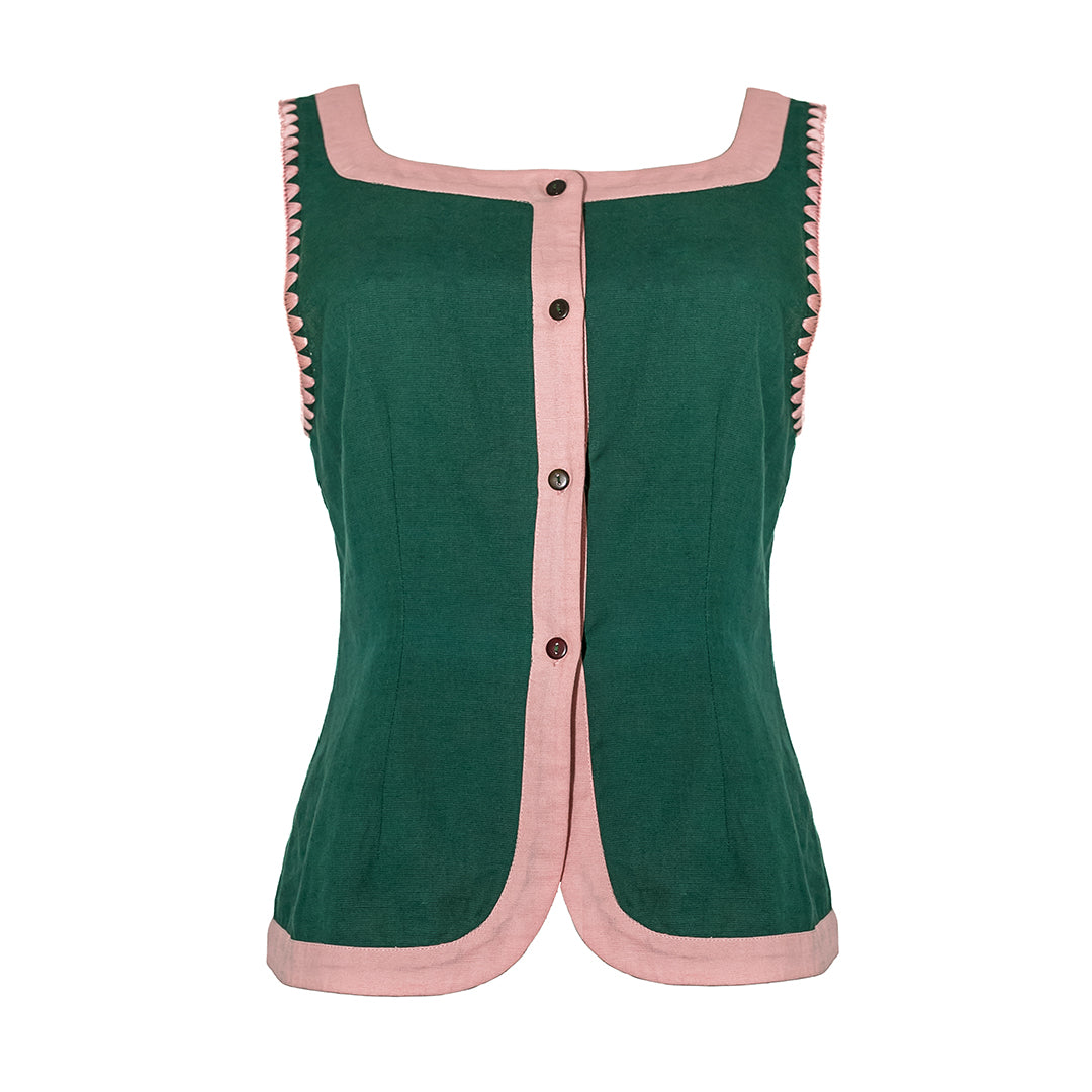 Athena Vest, Green with Pink Color Block Linen