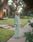 MASON by MASON'S DAUGHTER Lauren Caftan, Sage Green Satin Back Crepe with Tonal Feathers