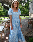 Puff Sleeve Maxi Dress, Blue Ditsy Cotton Poplin