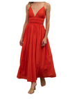 V-Neck Shirred Midi Dress, Red