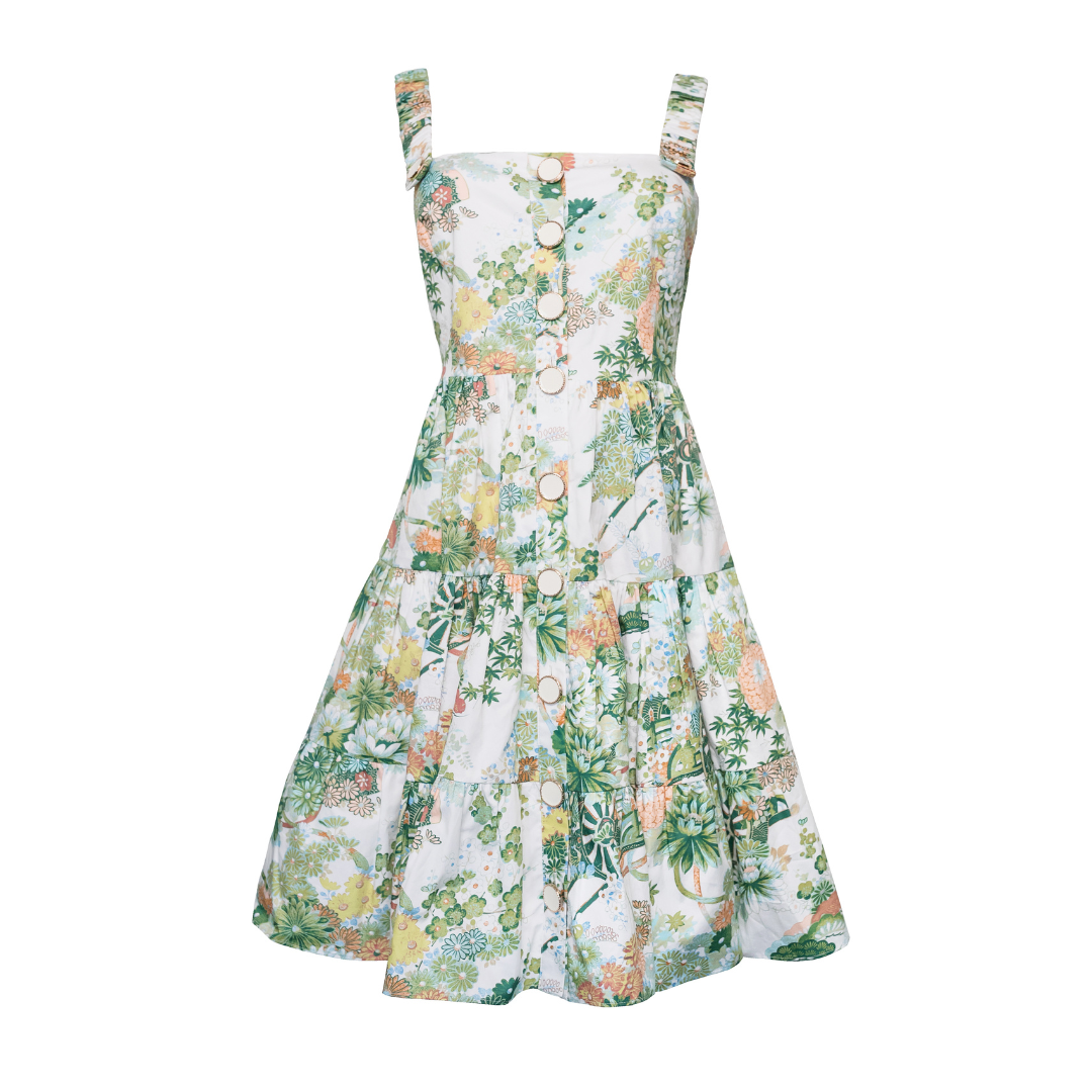 Tiered Button Detail Dress, Spring Chinoiserie