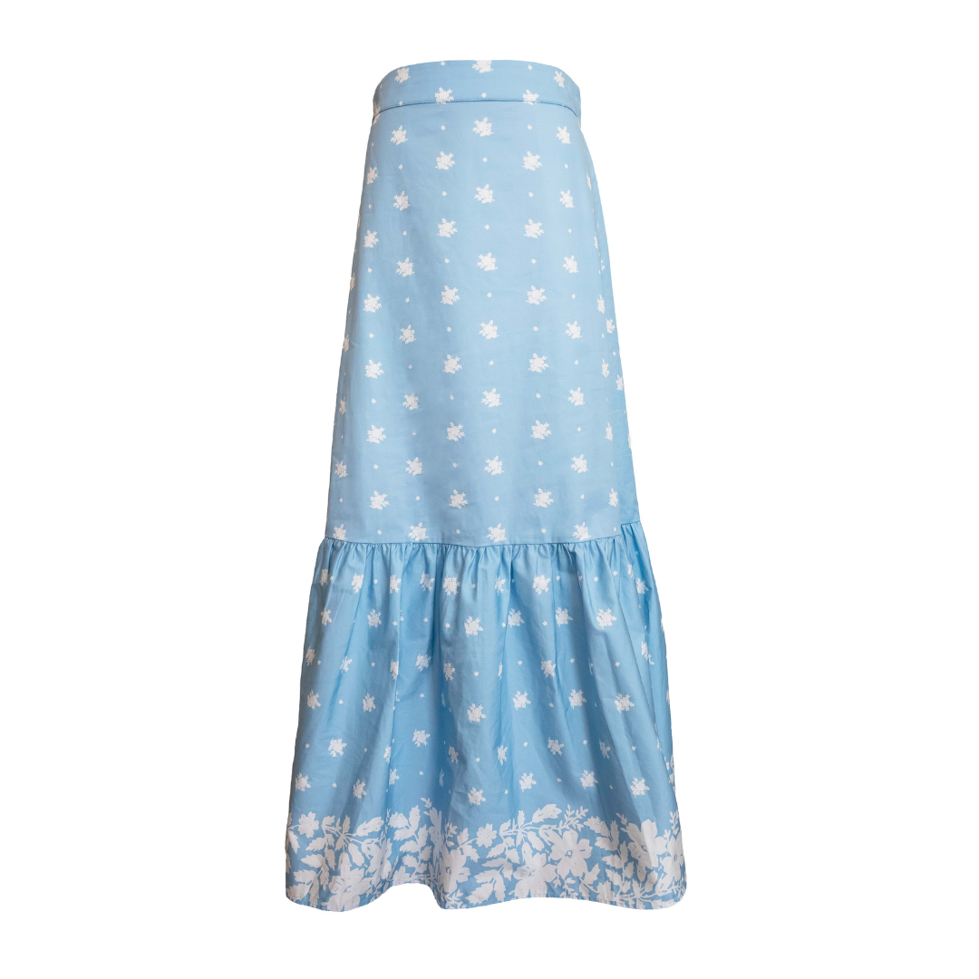 Midi Skirt, Blue Ditsy Cotton Poplin