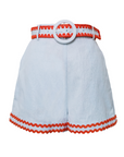 Belted Shorts, Sky Blue Linen with Red Ric Rac