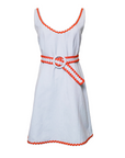 Mini Dress, Sky Blue Linen with Red Ric Rac