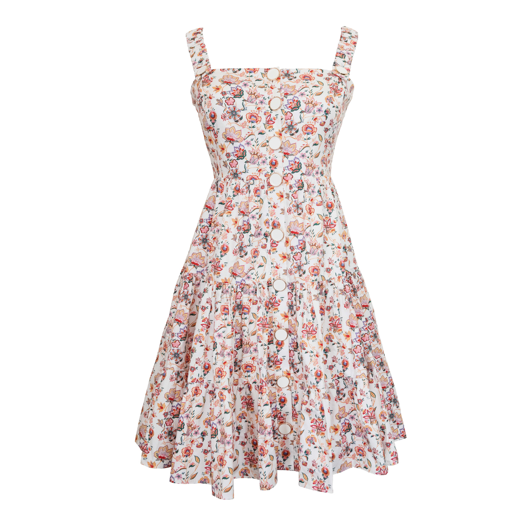 Tiered Button Detail Dress, Jacobean Cotton Poplin