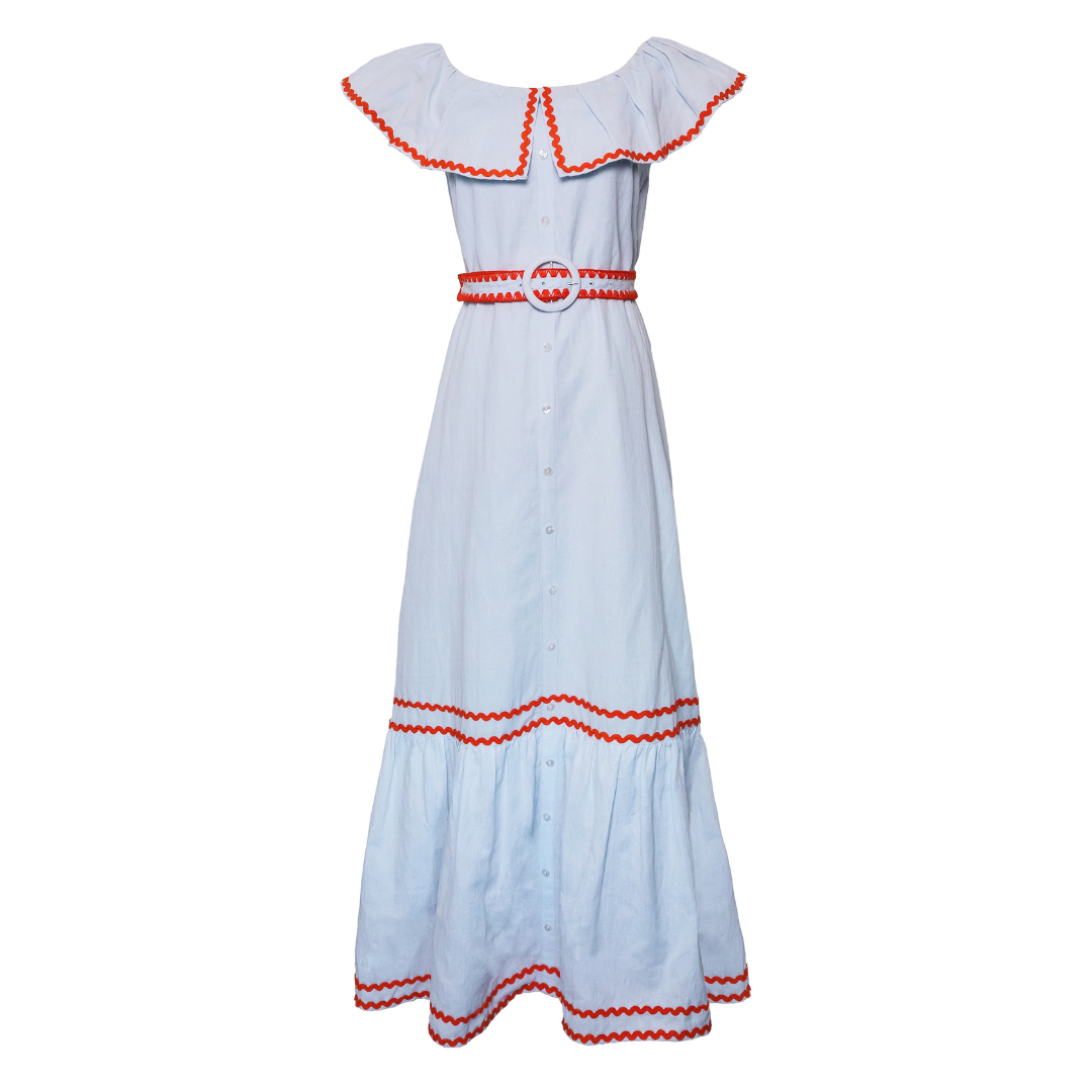 Off the Shoulder Dress, Sky Blue Linen with Red Ric Rac
