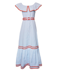 Off the Shoulder Dress, Sky Blue Linen with Red Ric Rac