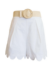 Raffia Belted Scallop Shorts, White Linen