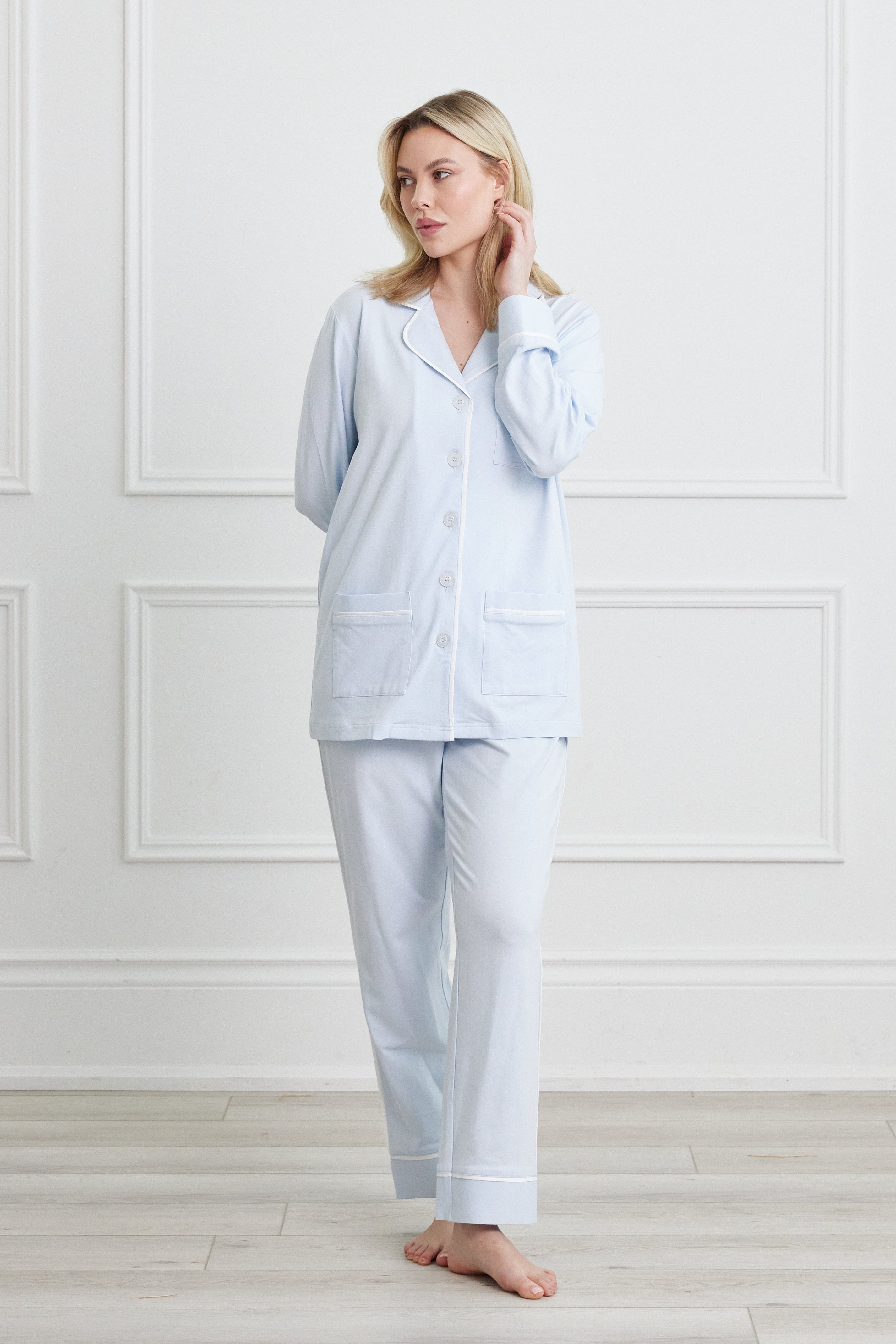 KIP Luxe Stretch Cotton Pajama Set in Mist Blue