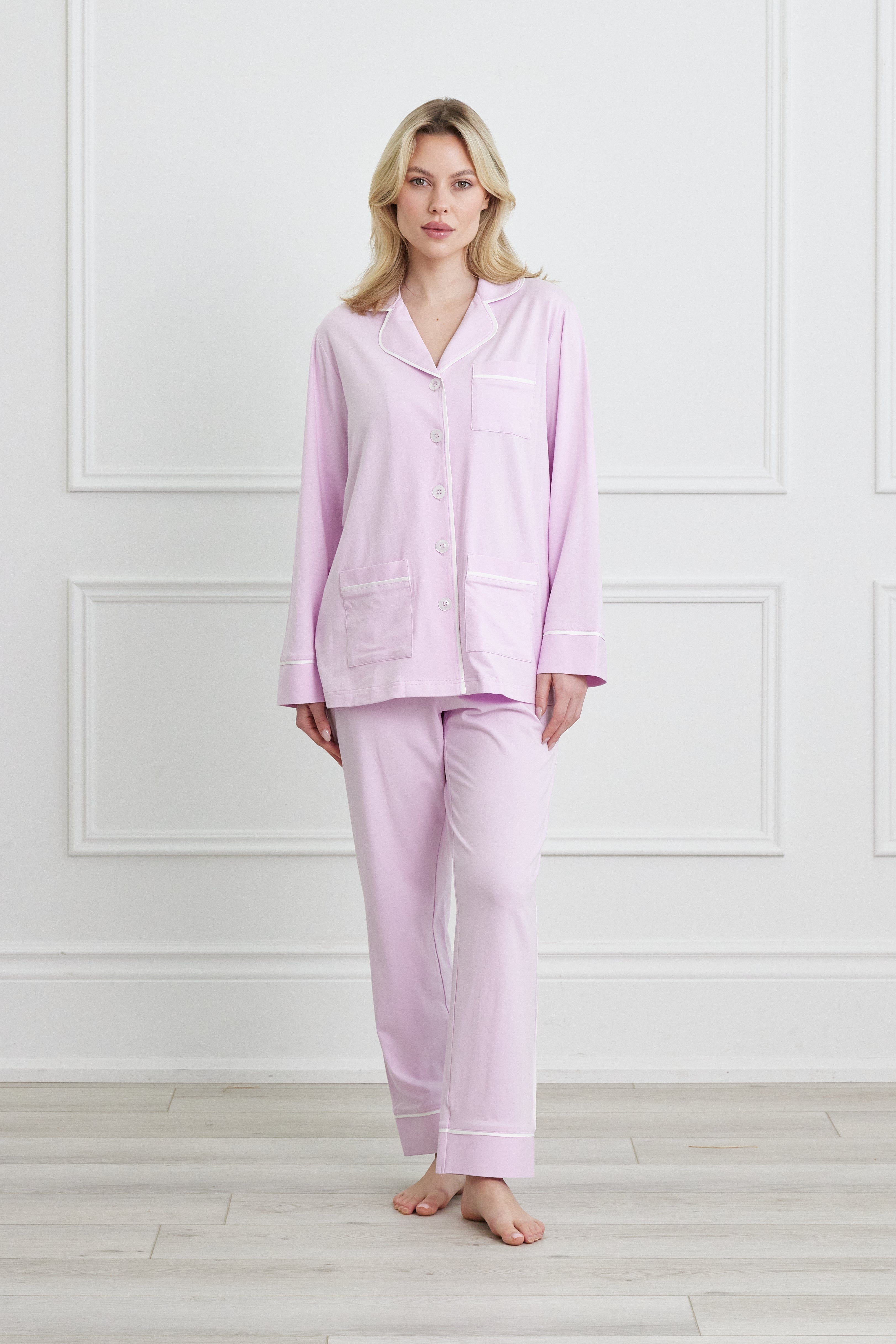 KIP Luxe Stretch Cotton Pajama Set in Lavender