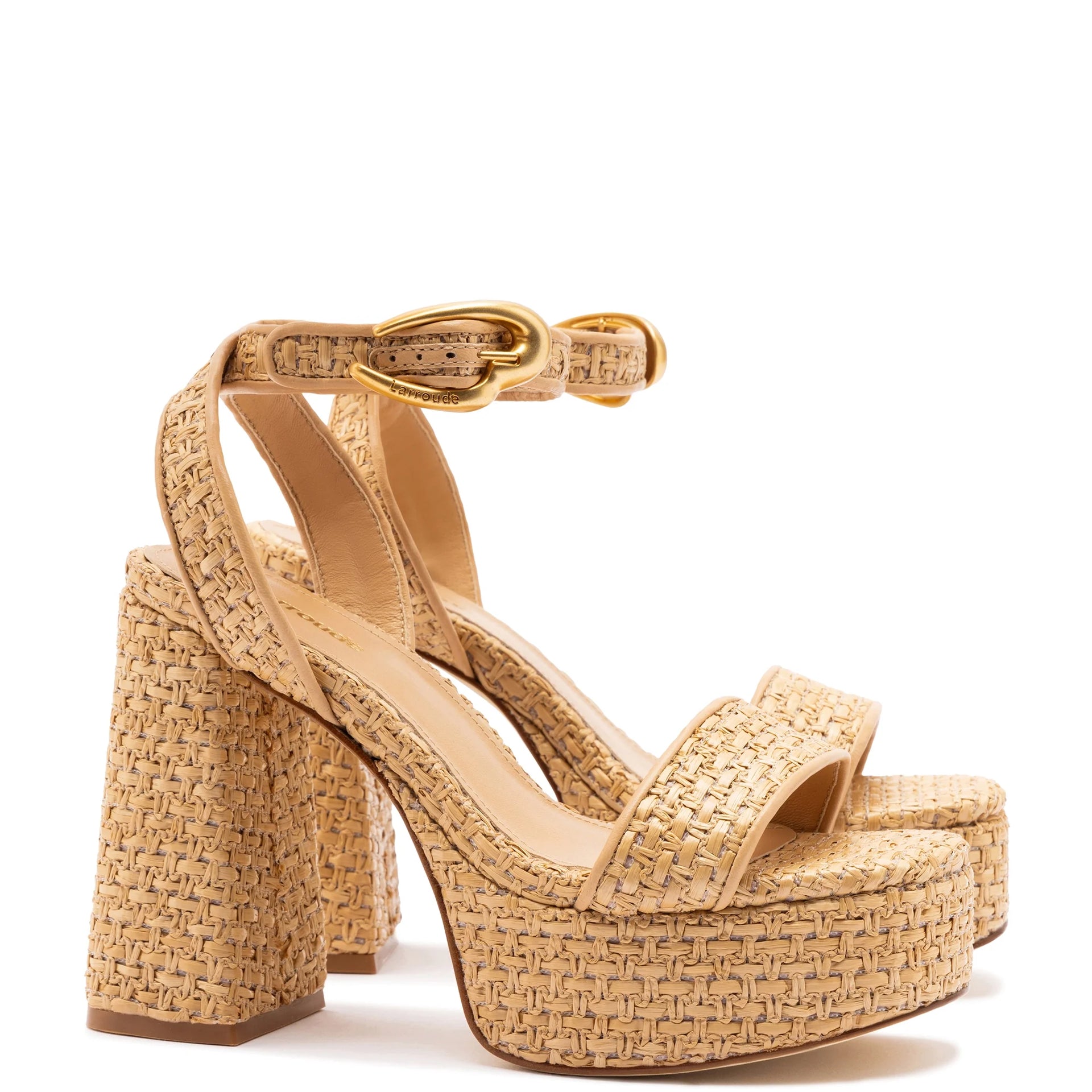 LARROUDE | Dolly Verona Sandal In Beige Leather and Natural Raffia