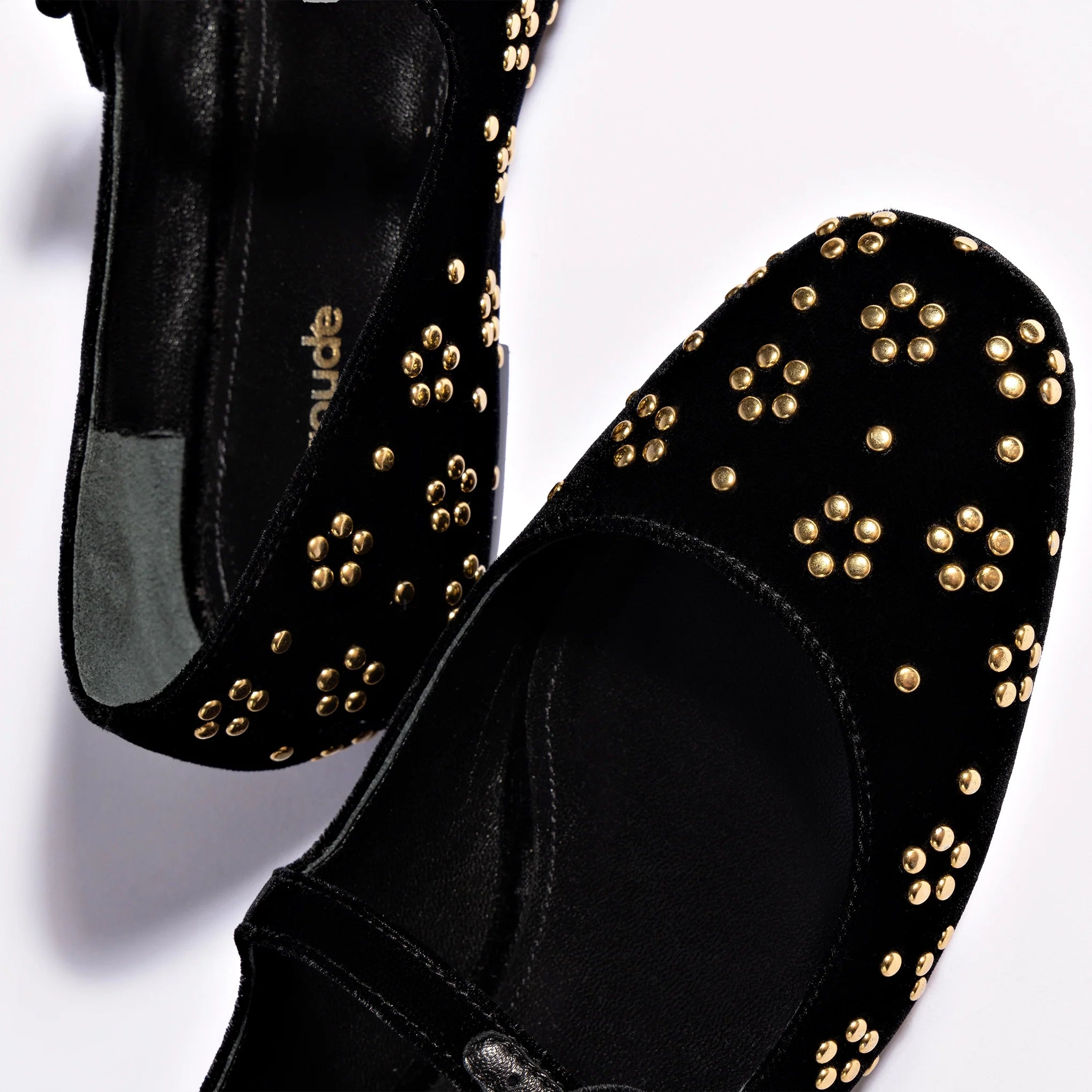 LARROUDE Blair Ballet Flat In Black Velvet and Gold Studs