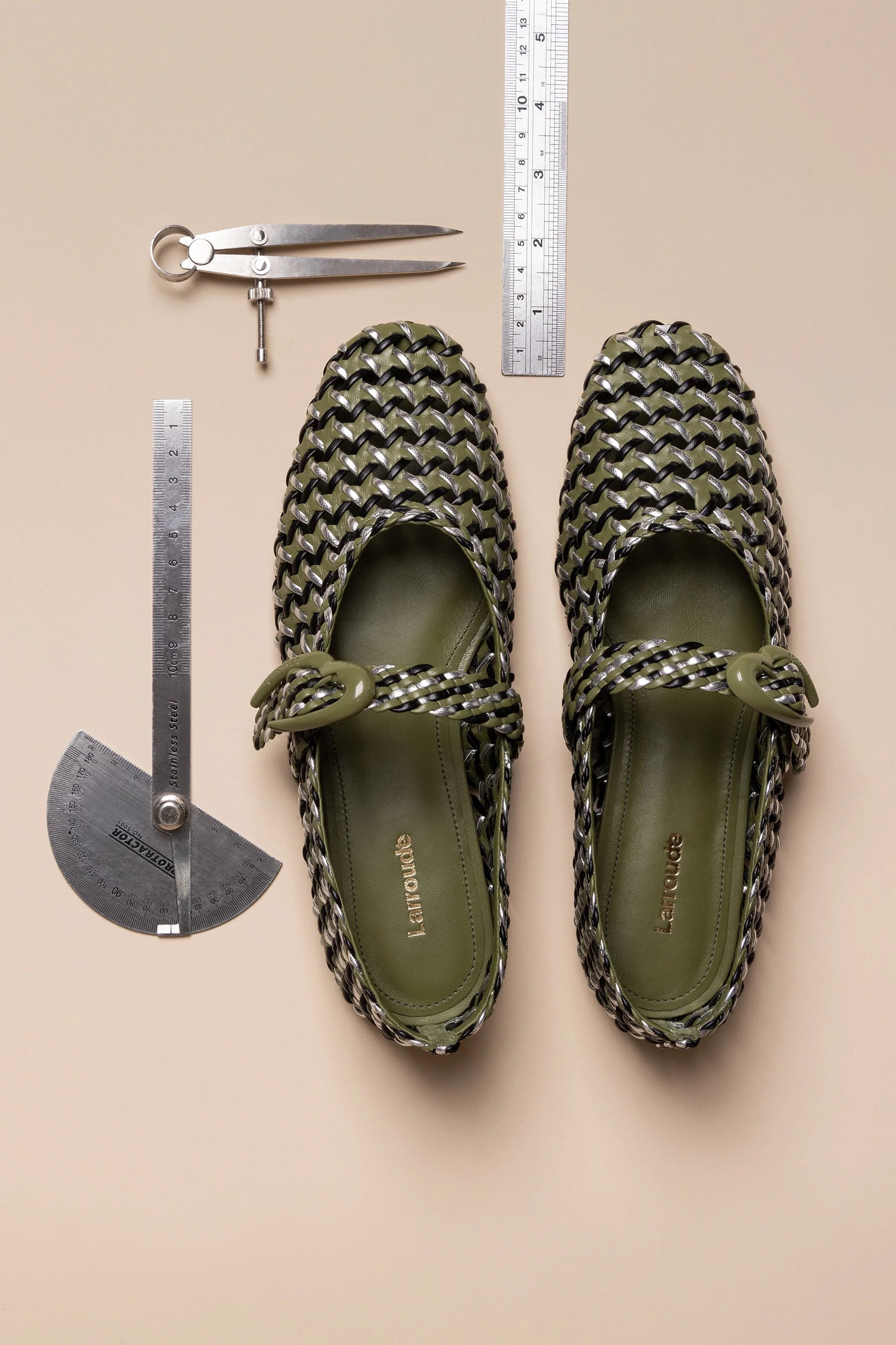 LARROUDE | LARROUDE | Verona Macrame Ballet Flat In Seaweed, Black and Silver Metallic Leather