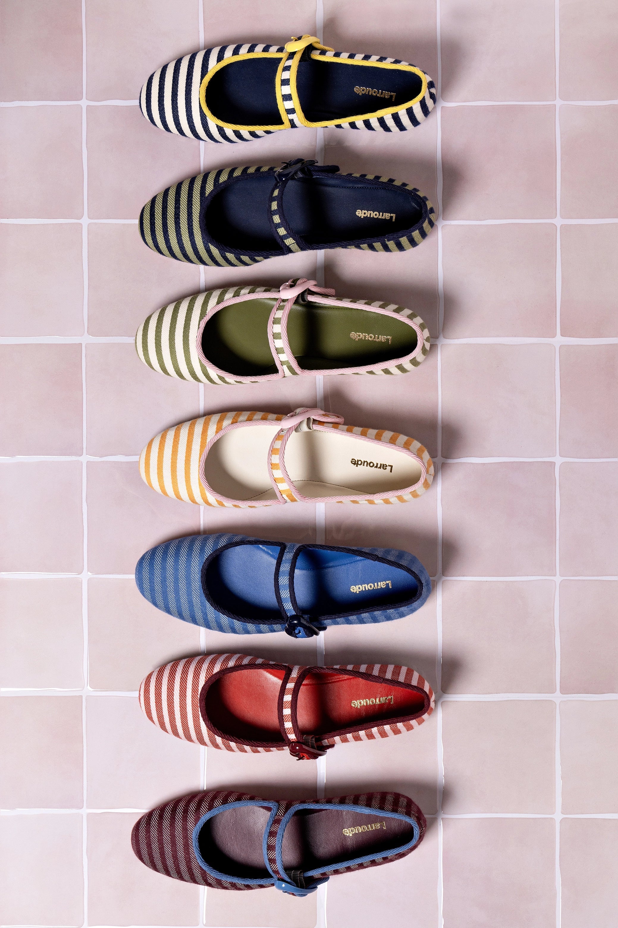 LARROUDE | Verona Ballet Flat In Navy and Natural Striped Fabric and Lemonade Trimming