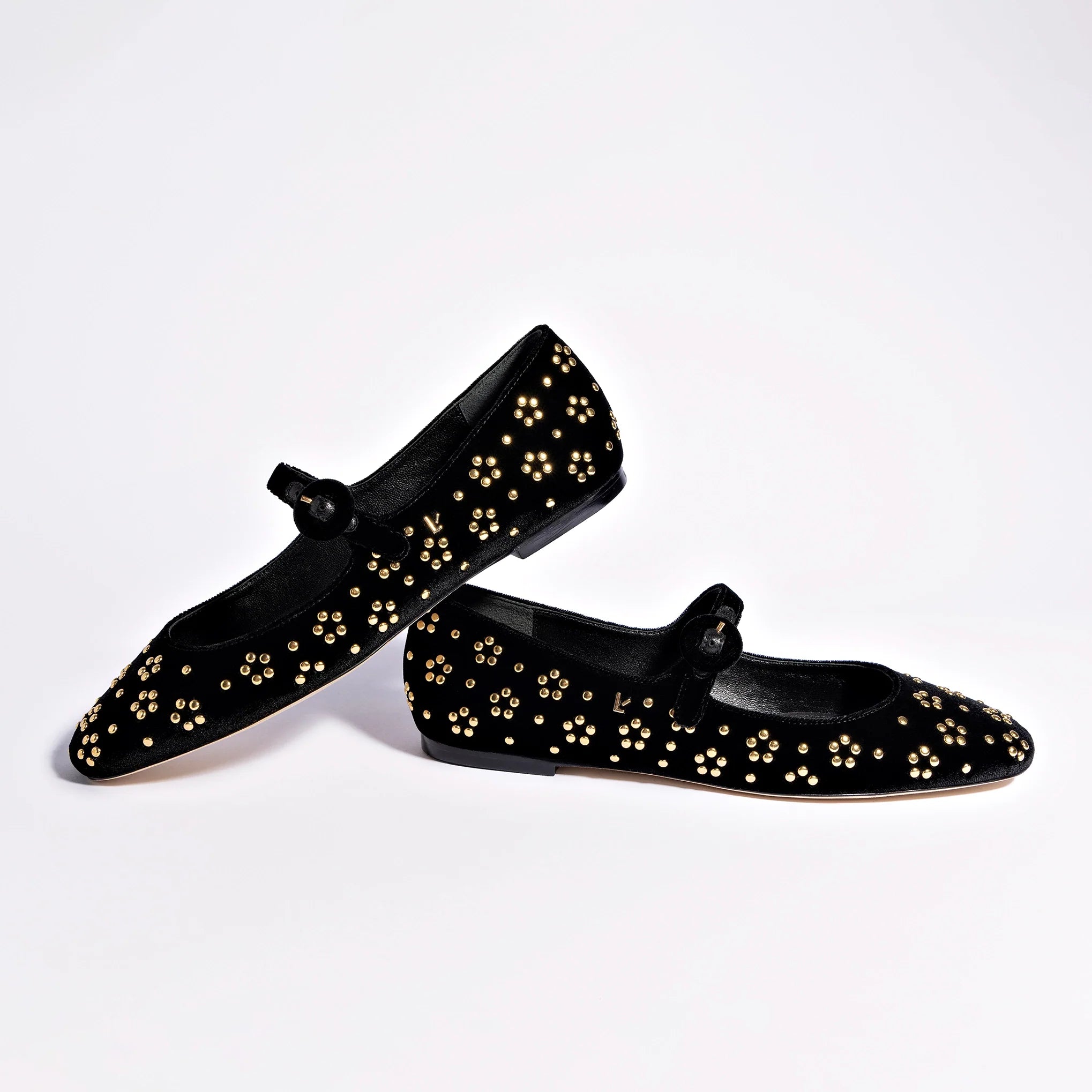 LARROUDE Blair Ballet Flat In Black Velvet and Gold Studs